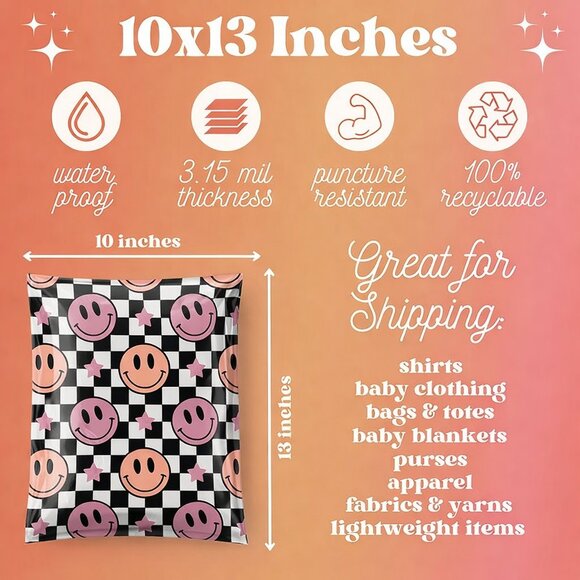 15ct Medium 10 x 13 Retro Smiley Poly Mailers - Picture 2 of 2